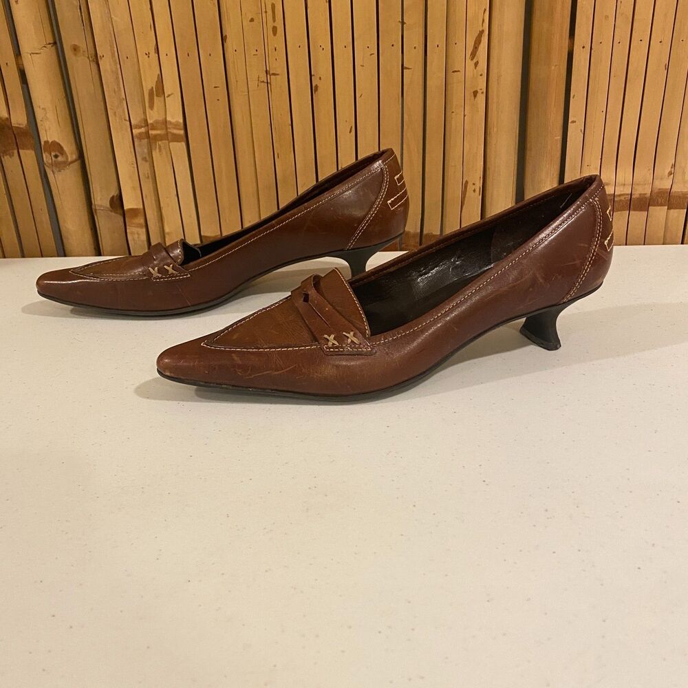 Classic Retro Nicole Brown Leather Pointed Toe Loafer Low Spool Heel Brazil 9.5M